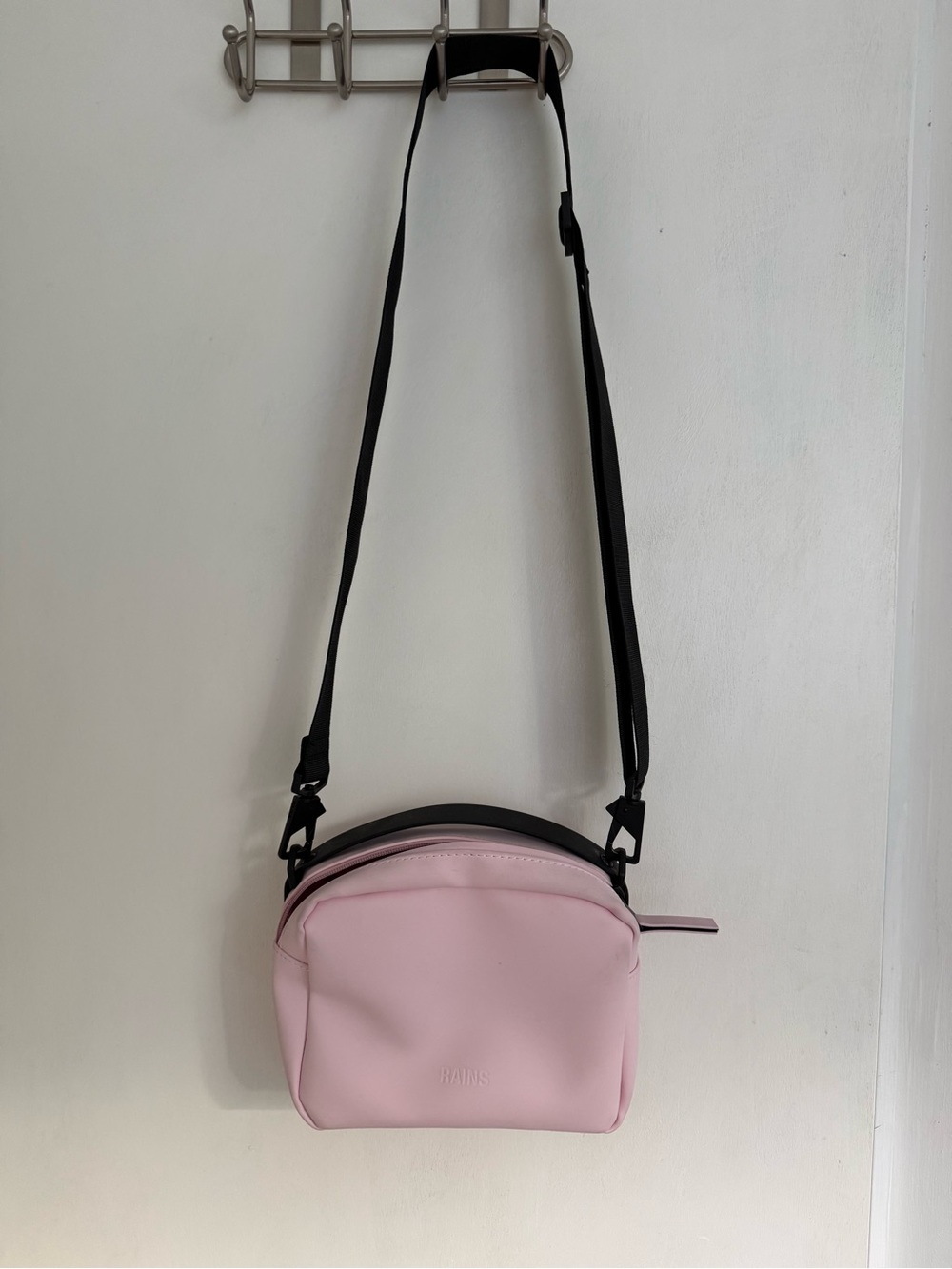 Rains Pink Crossbody Box Bag with Black Strap